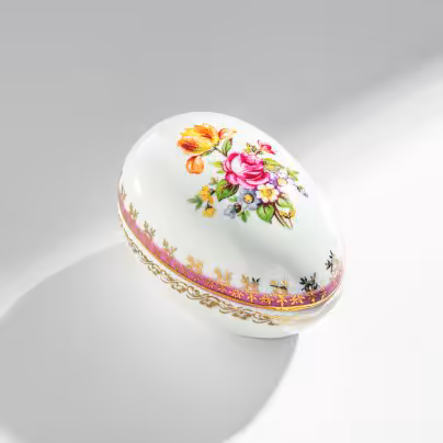 Шкатулка в форме яйца с цветочным декором, фарфор, деколь, золочение, фабрика "Martinroda", Германия, 1970-1990 гг., Martinroda Friedrich Eger & Co. (PM)