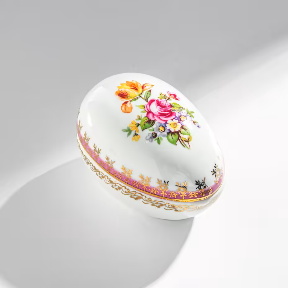 Шкатулка в форме яйца с цветочным декором, фарфор, деколь, золочение, фабрика "Martinroda", Германия, 1970-1990 гг., Martinroda Friedrich Eger & Co. (PM)