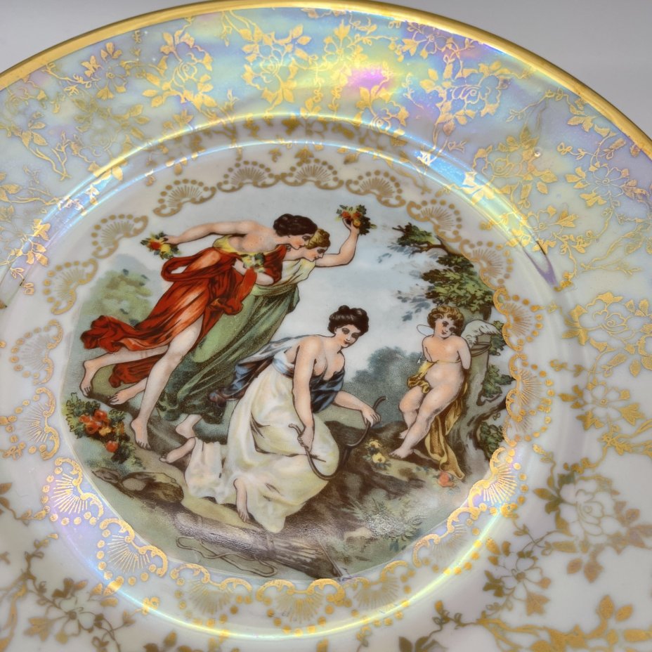 Набор обеденных тарелок "Мадонна" на 5 персон, фарфор, люстр, деколь, золочение, Fortuna Eisenberg, ГДР, 1960-1973 гг.