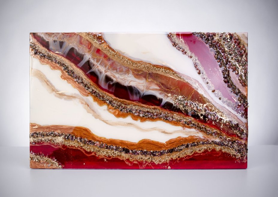 Панно настенное "Огненные реки",  авторская ручная работа в технике Resin Art, глянцевое 3D покрытие, натуральный камень, Россия, 2021 г.