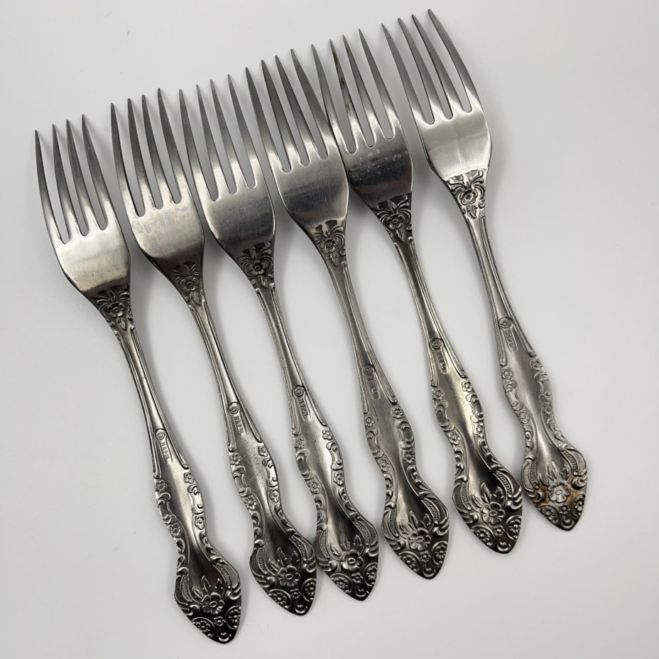 Набор из 6 столовых вилок, украшенных флоральным декором, нержавеющая сталь, Павловский завод художественных металлоизделий им. С.М. Кирова