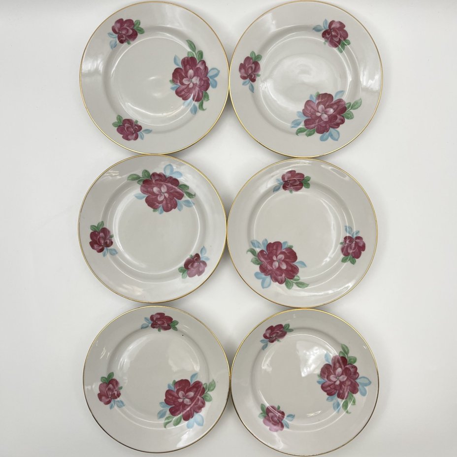 Набор пирожковых тарелок с цветочным декором на 6 персон, фарфор, деколь, золочение, Дулевский фарфоровый завод (Дулёво), СССР, 1968-1991 гг.