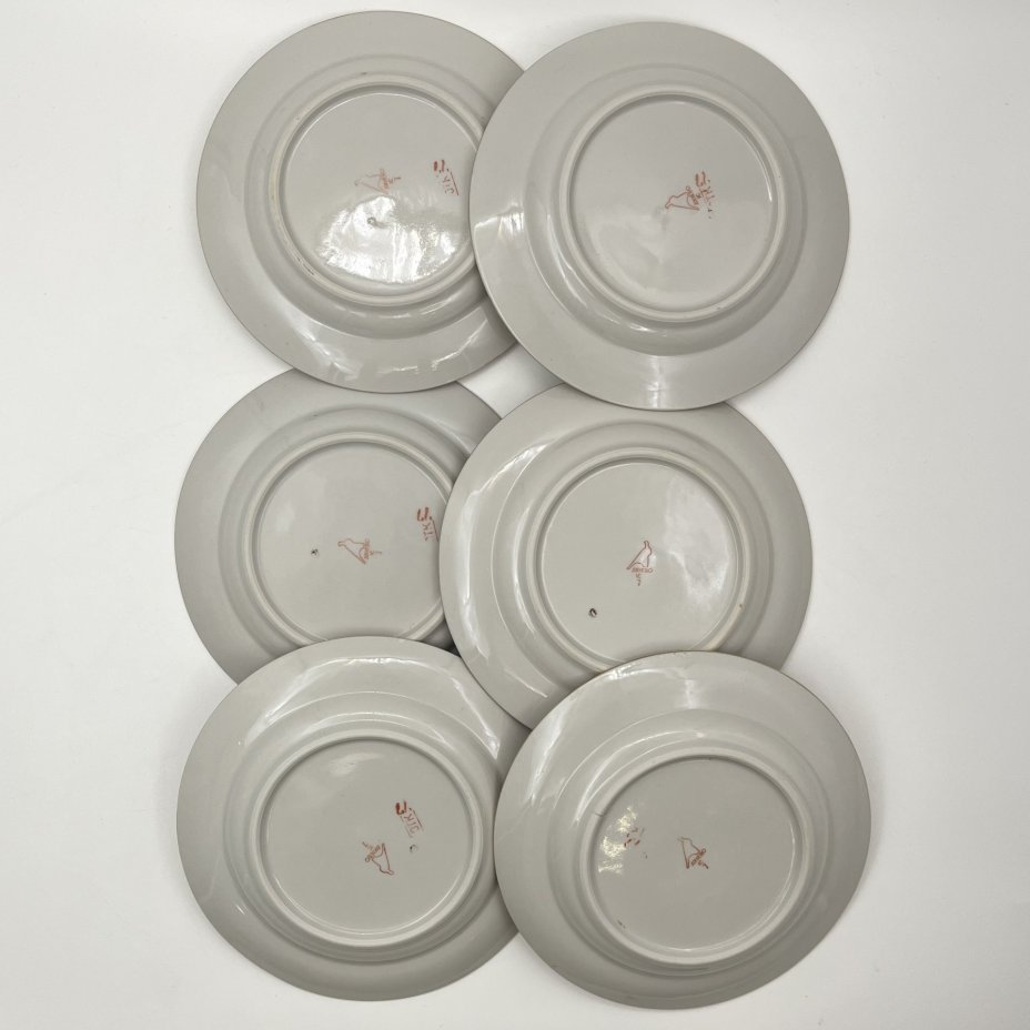 Набор пирожковых тарелок с цветочным декором на 6 персон, фарфор, деколь, золочение, Дулевский фарфоровый завод (Дулёво), СССР, 1968-1991 гг.