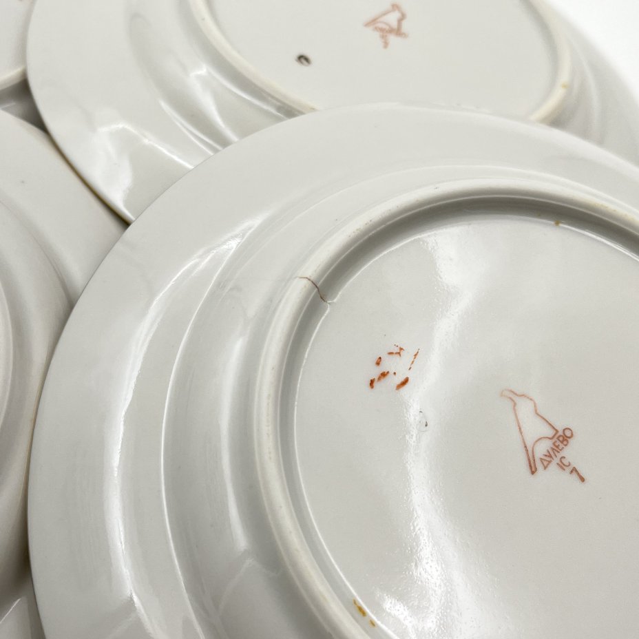 Набор пирожковых тарелок с цветочным декором на 6 персон, фарфор, деколь, золочение, Дулевский фарфоровый завод (Дулёво), СССР, 1968-1991 гг.