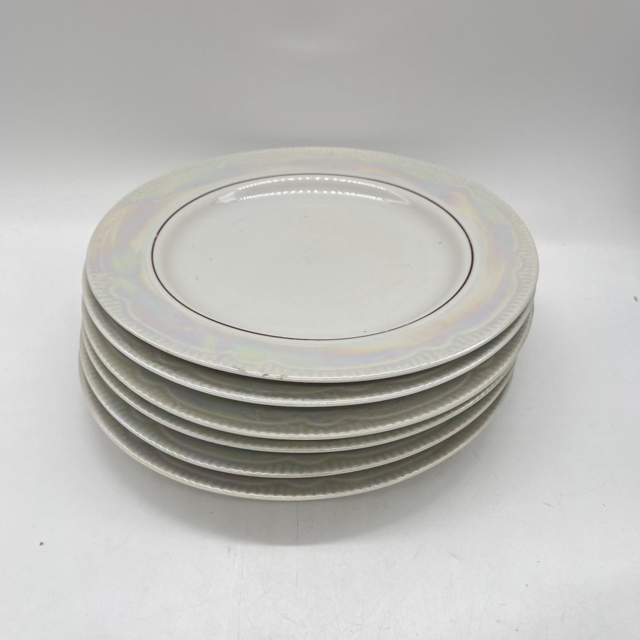 Набор из 6 тарелок с лаконичным декором, фарфор, люстр, золочение, Минский фарфорово-фаянсовый завод, СССР, 1983-1991 гг.