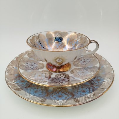 Трио чайное с изображением Святого Грааля и винограда, Rudolf Wachter Bavaria, фарфор, деколь, крытье, золочение, Бавария, 1950-1970 гг.