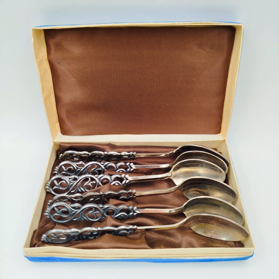 Набор из 6-ти десертных ложек "Керженец" в коробке, мельхиор (медь-никель), Казаковское производственное ювелирное объединение (КПЮО), СССР, 1975-1990 гг.