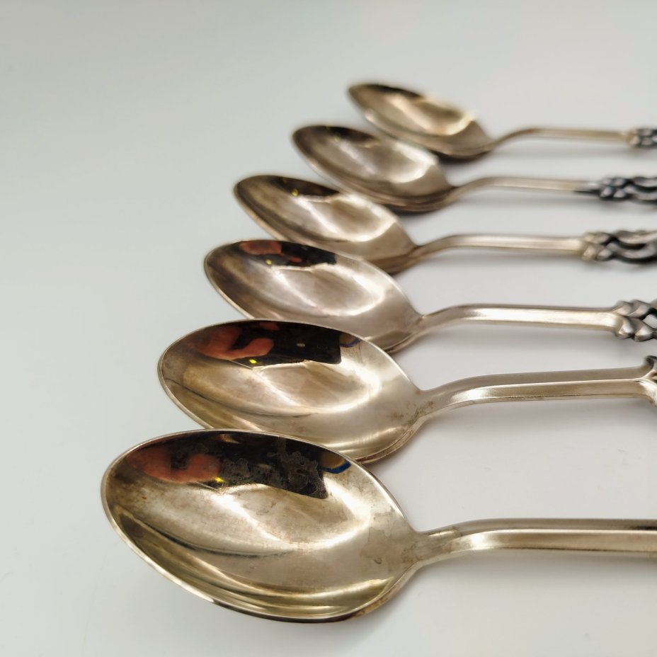 Набор из 6-ти десертных ложек "Керженец" в коробке, мельхиор (медь-никель), Казаковское производственное ювелирное объединение (КПЮО), СССР, 1975-1990 гг.