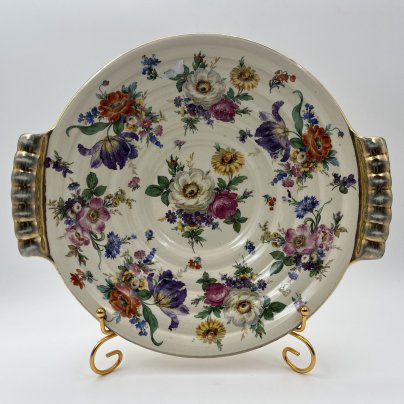 Блюдо сервировочное с фигурными ручками и изображение мейсенского букета, Boch Freres Keramis, фаянс, деколь, золочение, Бельгия, 1960-1980 гг.