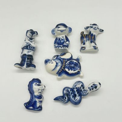 Набор из 6-ти магнитов "Животные" (в подборе), Гжель, фарфор, роспись, Российская Федерация, 2000-2010 гг.