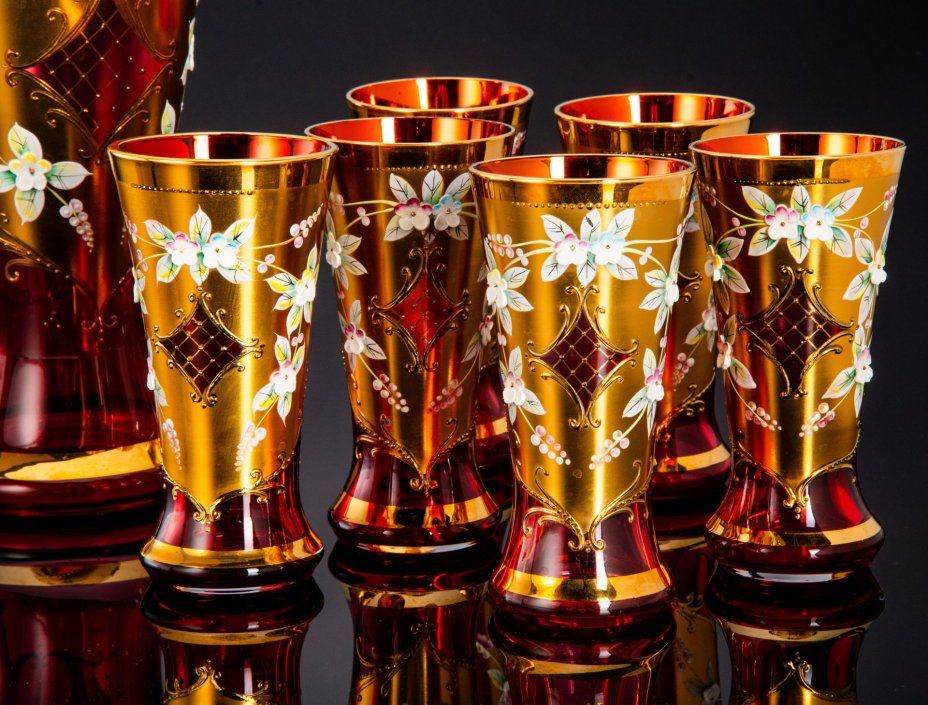 Набор для воды и прохладительных напитков, на 6 персон, цветное стекло, золочение, лепнина (смальта), Crystalex, г. Нови-Бор (Новый Бор), Crystalex