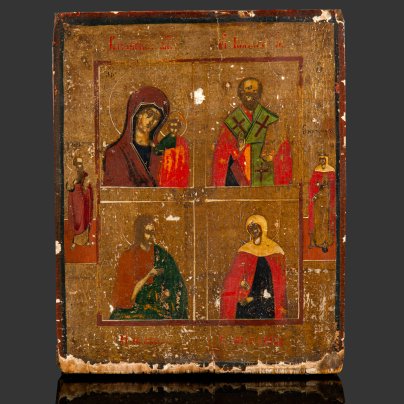 Икона четырехчастная с образами Богоматери Казанской, пр. Иоанна Предтечи, св. Николая Чудотворца и св. Параскевы, с двумя приписными святыми на полях (ап. Иоанн Богослов и св. Александра)