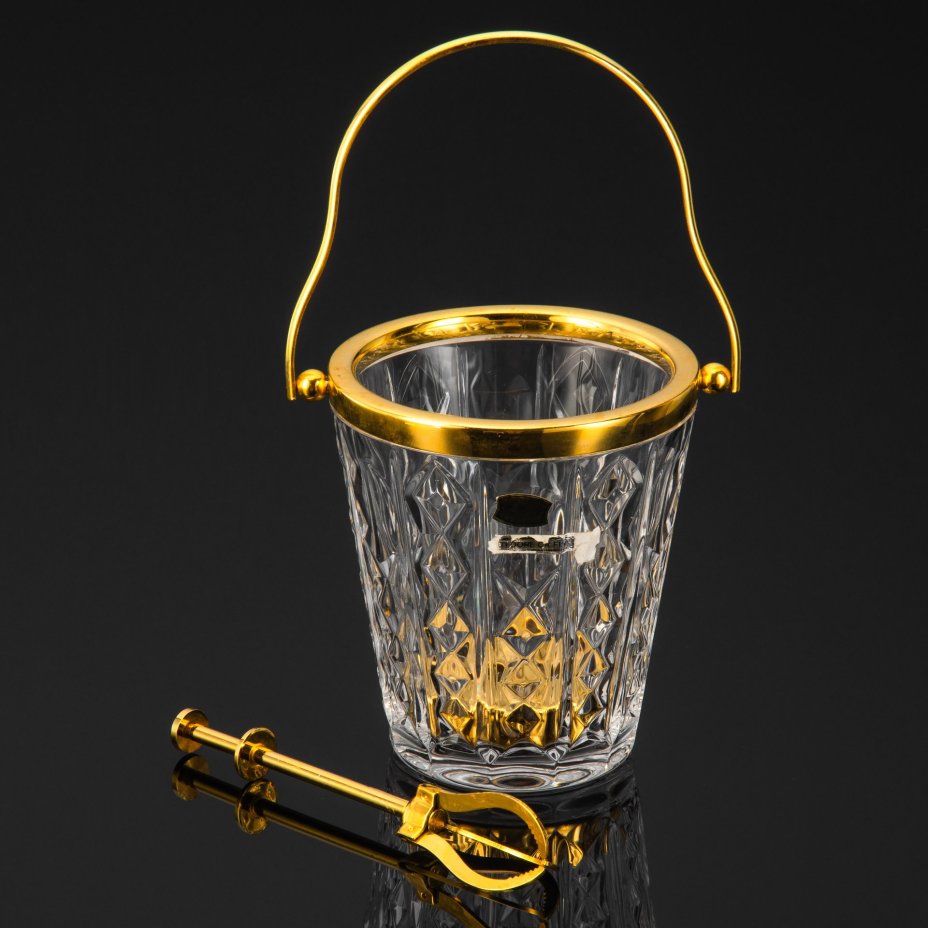 Ведёрко для льда с щипчиками и емкостью для талой воды, хрусталь, металл, алмазная грань, золочение, Val Saint Lambert, Бельгия, 1970-1980 гг.