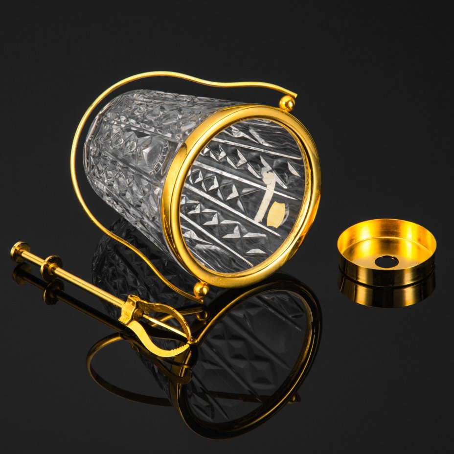 Ведёрко для льда с щипчиками и емкостью для талой воды, хрусталь, металл, алмазная грань, золочение, Val Saint Lambert, Бельгия, 1970-1980 гг.