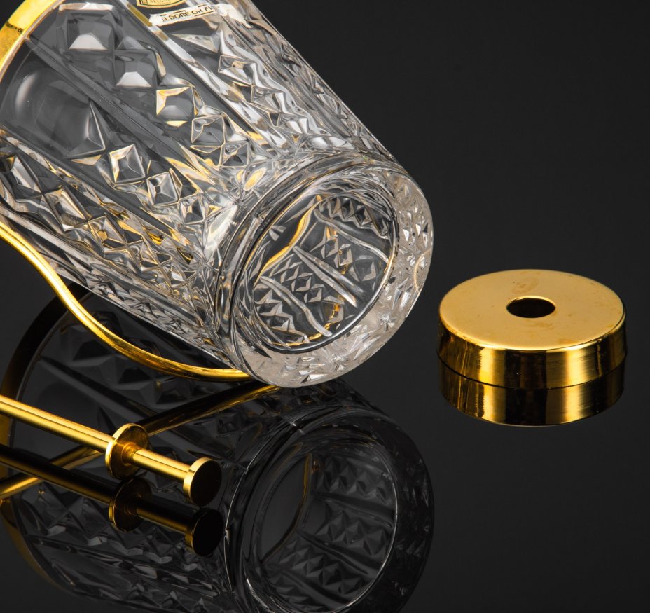 Ведёрко для льда с щипчиками и емкостью для талой воды, хрусталь, металл, алмазная грань, золочение, Val Saint Lambert, Бельгия, 1970-1980 гг.