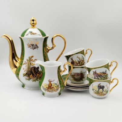 Сервиз чайно-кофейный на 4 персоны (10 предметов), украшенный изображением лесных животных, фарфор, крытье, деколь, золочение, Leander (Леандер), Чехия, 1995-2003 гг.