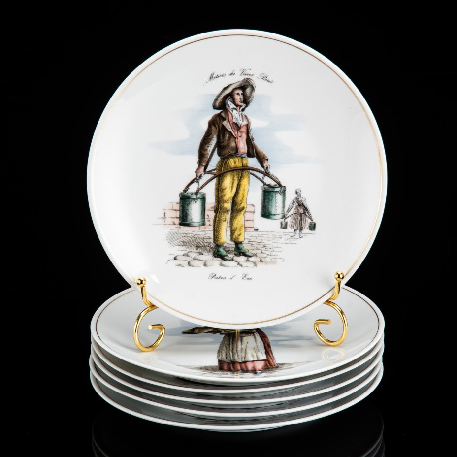 Набор из 6-ти десертных тарелок "Традиционные ремесла Парижа", Andre Giraud, фарфор, деколь, золочение, Limoges, Франция, 1960-1980 гг.