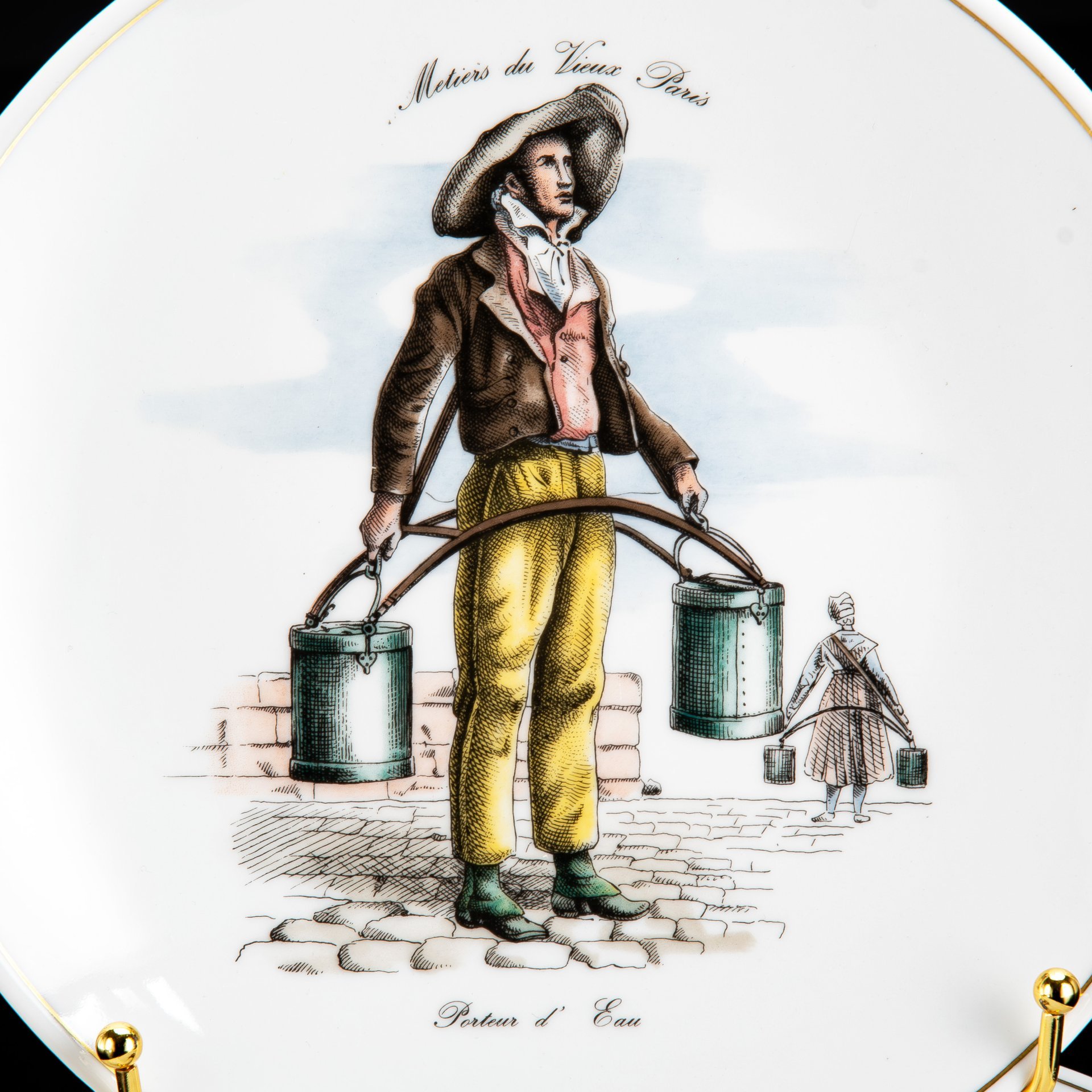 Набор из 6-ти десертных тарелок "Традиционные ремесла Парижа", Andre Giraud, фарфор, деколь, золочение, Limoges, Франция, 1960-1980 гг.