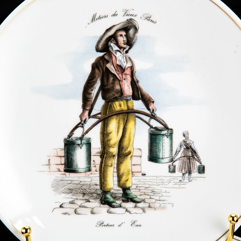 Набор из 6-ти десертных тарелок "Традиционные ремесла Парижа", Andre Giraud, фарфор, деколь, золочение, Limoges, Франция, 1960-1980 гг.