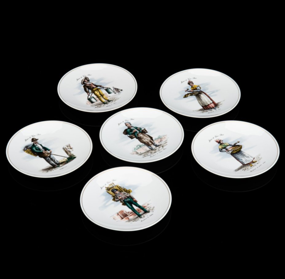 Набор из 6-ти десертных тарелок "Традиционные ремесла Парижа", Andre Giraud, фарфор, деколь, золочение, Limoges, Франция, 1960-1980 гг.