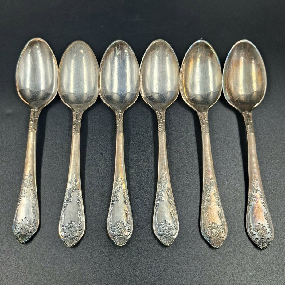 Набор из шести десертных ложек с растительным декором, мНЦ (медь-никель-цинк), Вольнянский завод столовых приборов им. Шевченко (ЗiШ, ЗиШ), СССР, 1960-1980 гг.