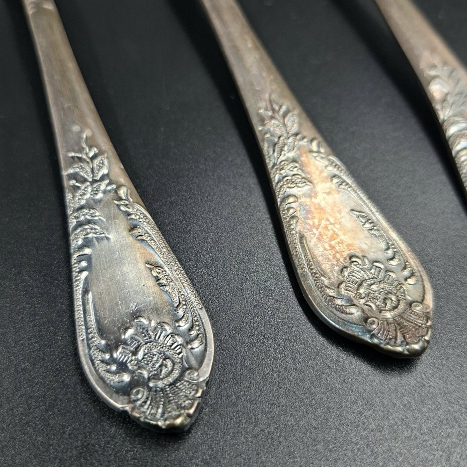 Набор из шести десертных ложек с растительным декором, мНЦ (медь-никель-цинк), Вольнянский завод столовых приборов им. Шевченко (ЗiШ, ЗиШ), СССР, 1960-1980 гг.