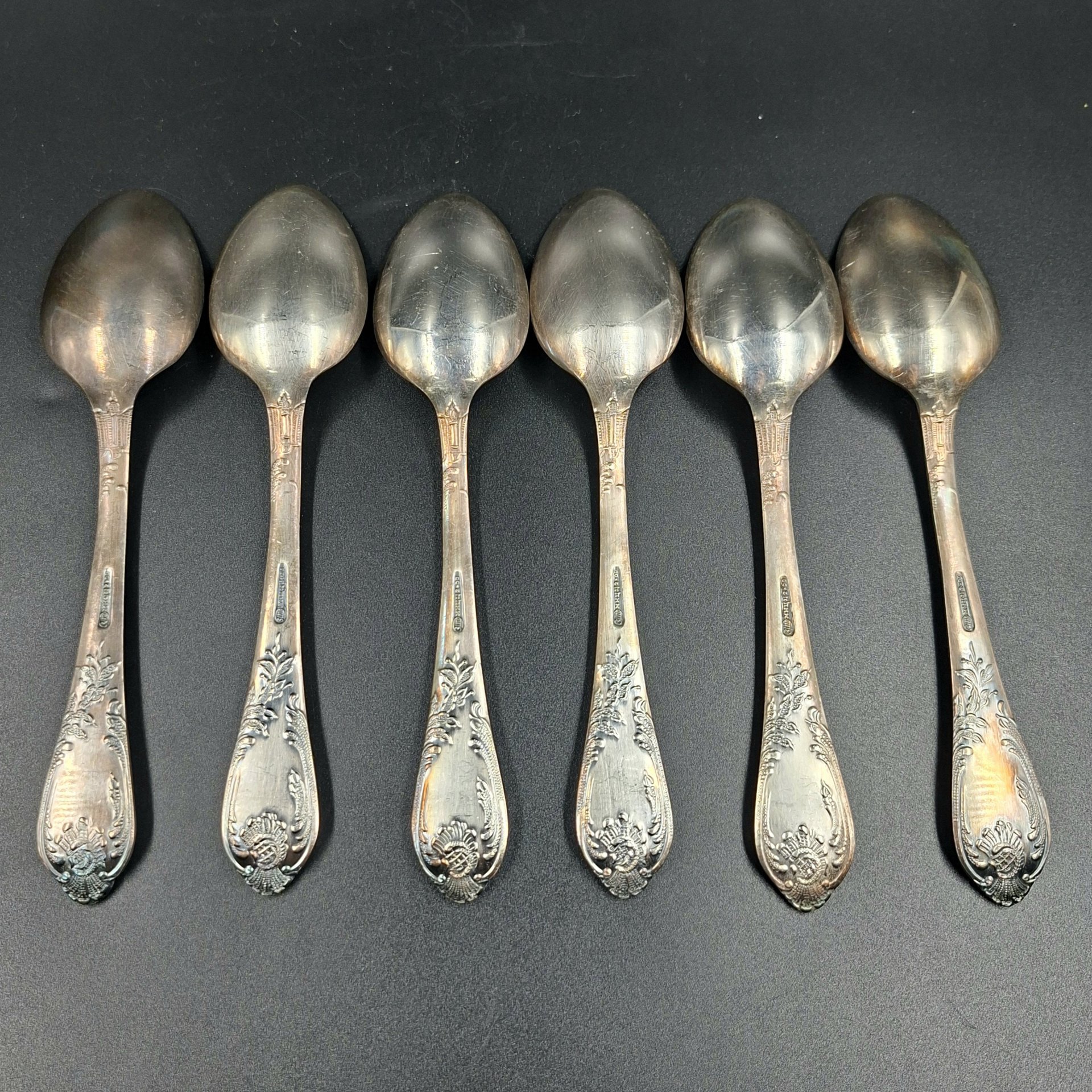 Набор из шести десертных ложек с растительным декором, мНЦ (медь-никель-цинк), Вольнянский завод столовых приборов им. Шевченко (ЗiШ, ЗиШ), СССР, 1960-1980 гг.