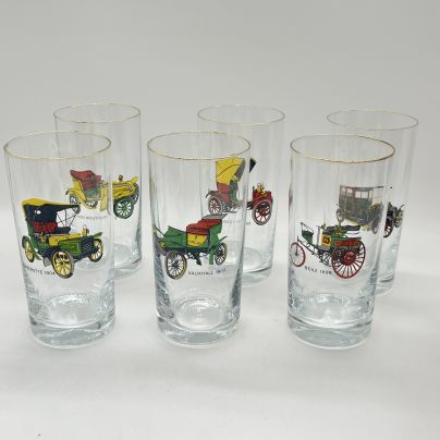 Набор стаканов "Ретро-автомобили" (6 шт.), стекло, деколь, золочение, Чехословакия, 1970-1980 гг.