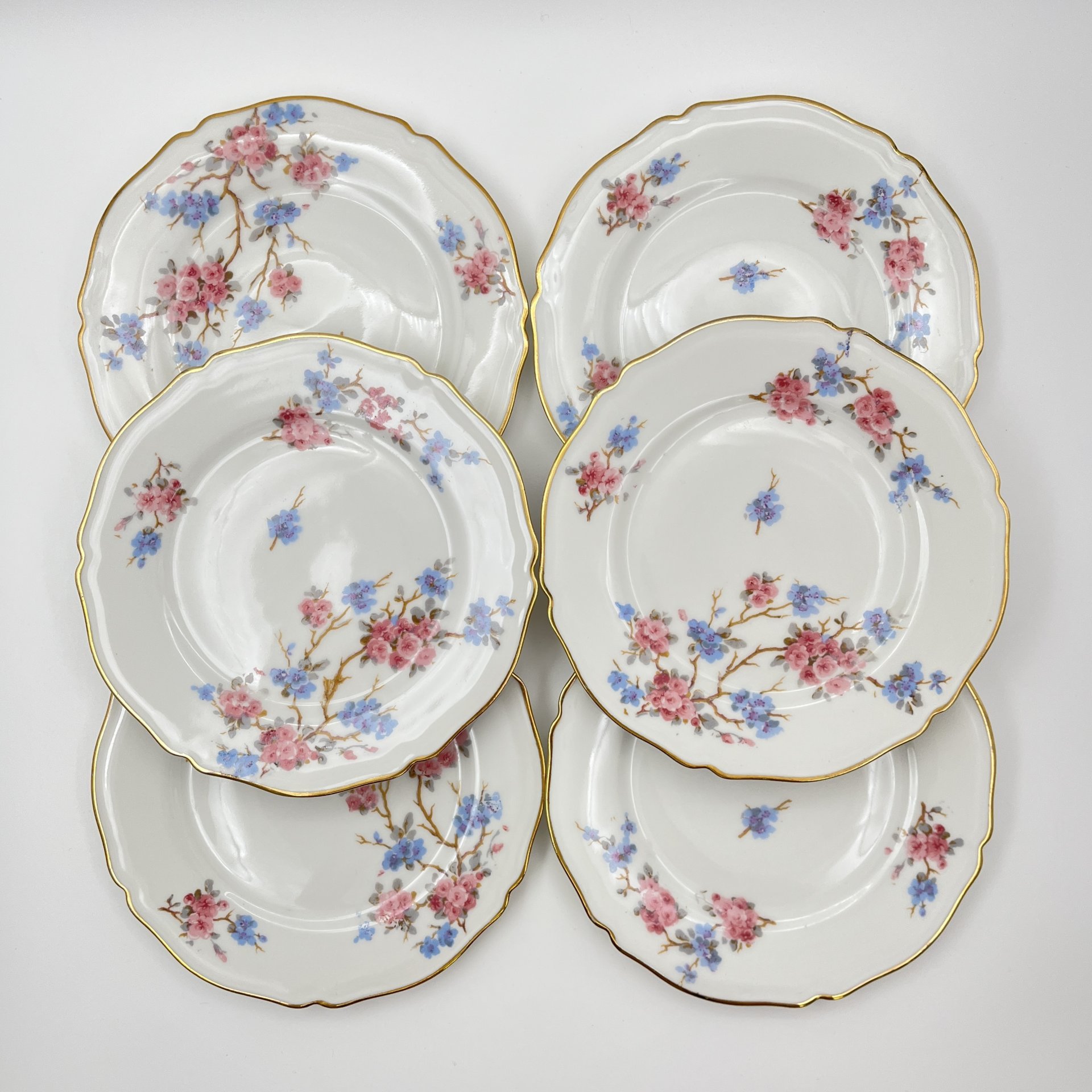 Набор десертных тарелок и блюда с цветочным декором на 6 персон, фарфор, деколь, золочение, Limoges, Франция, 1950-1970 гг.