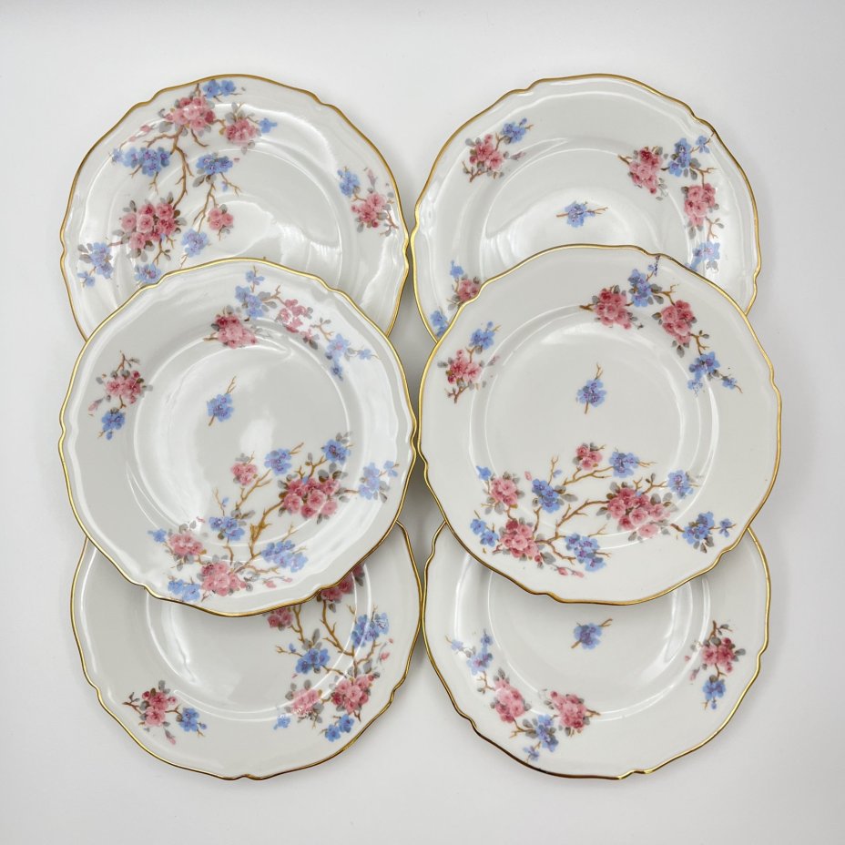 Набор десертных тарелок и блюда с цветочным декором на 6 персон, фарфор, деколь, золочение, Limoges, Франция, 1950-1970 гг.