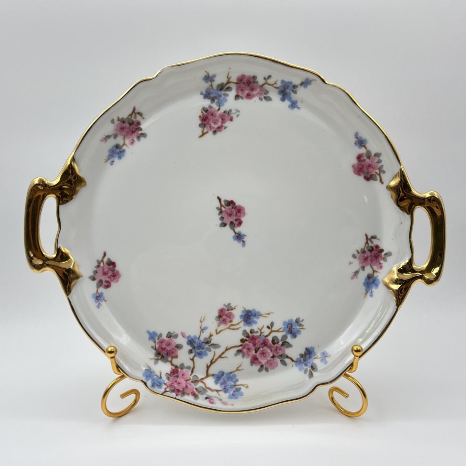 Набор десертных тарелок и блюда с цветочным декором на 6 персон, фарфор, деколь, золочение, Limoges, Франция, 1950-1970 гг.