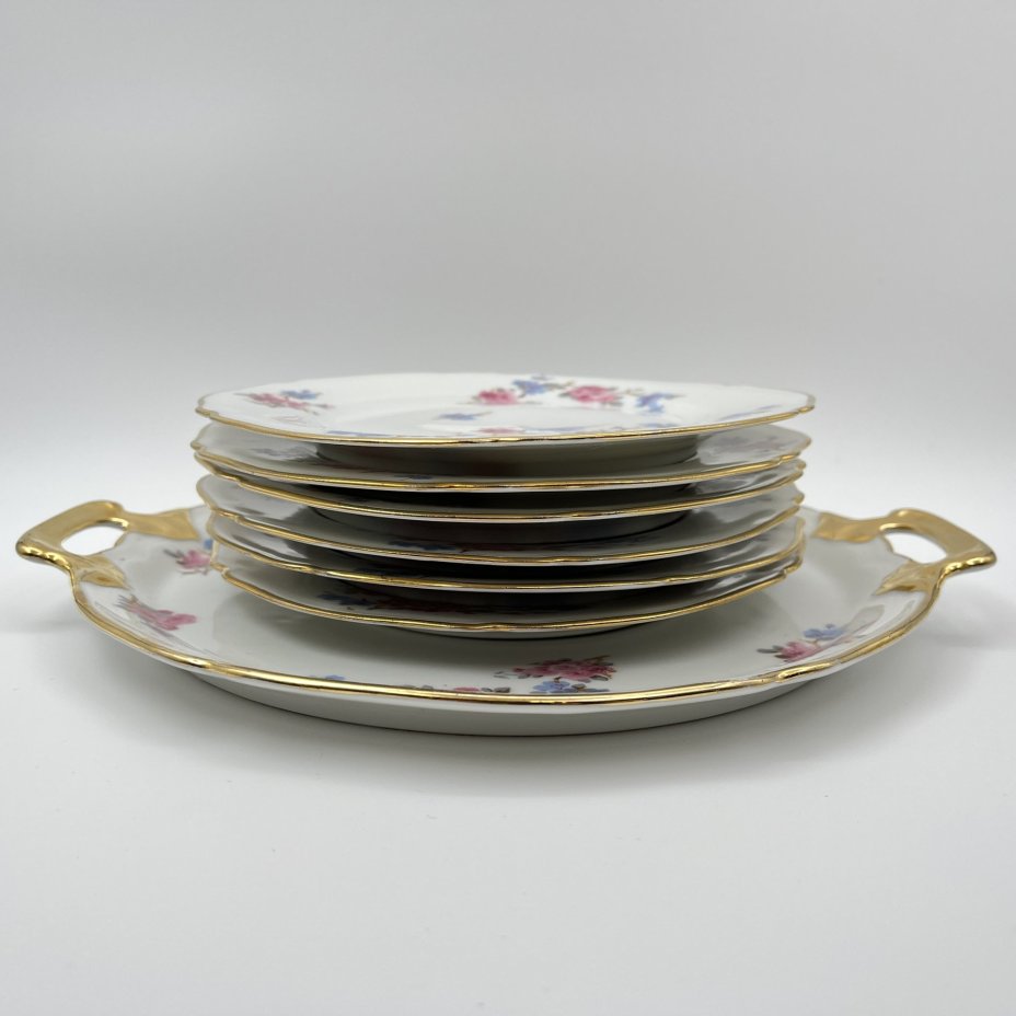 Набор десертных тарелок и блюда с цветочным декором на 6 персон, фарфор, деколь, золочение, Limoges, Франция, 1950-1970 гг.