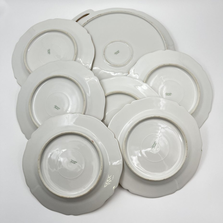 Набор десертных тарелок и блюда с цветочным декором на 6 персон, фарфор, деколь, золочение, Limoges, Франция, 1950-1970 гг.