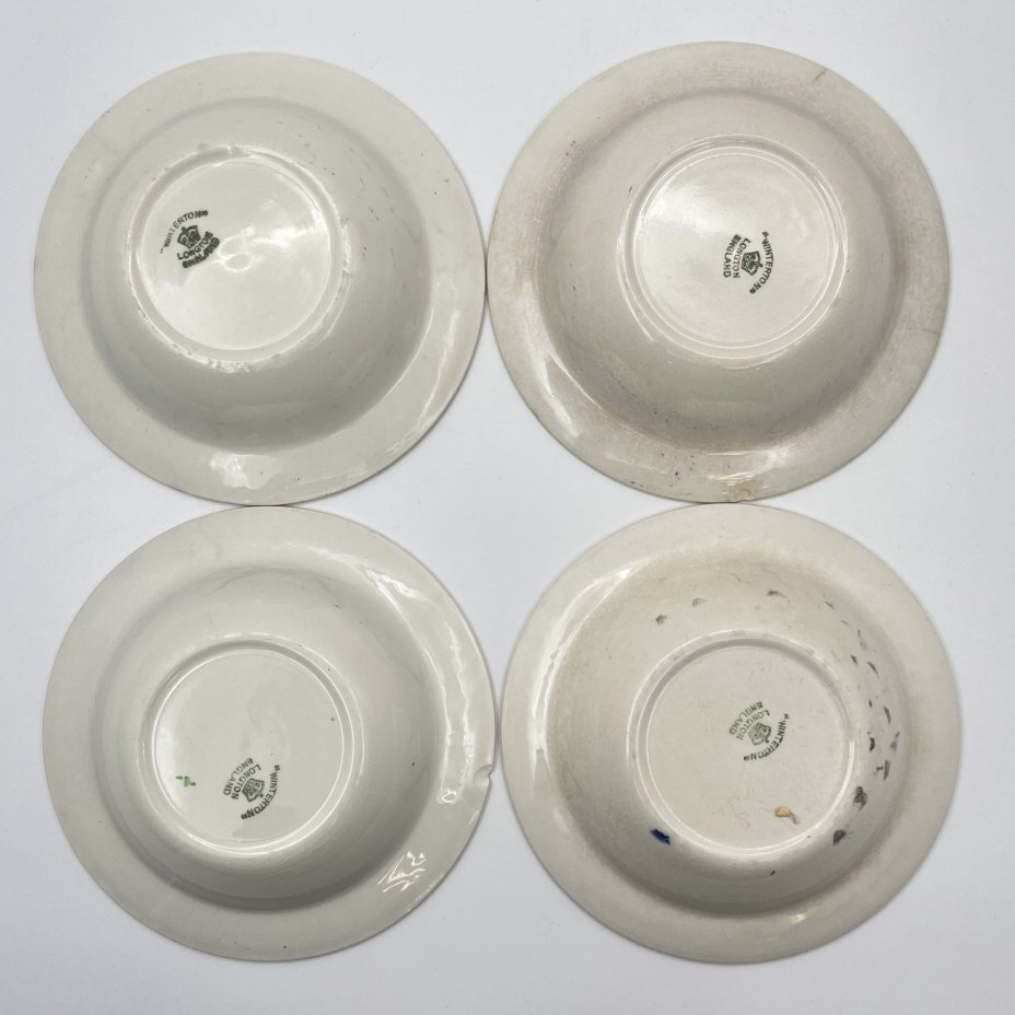 Набор из 4-х суповых тарелок (пиал), украшенных изображением дамы в саду, Winterton Pottery (Longton), фаянс, деколь, золочение, Великобритания, 1949-1954 гг.