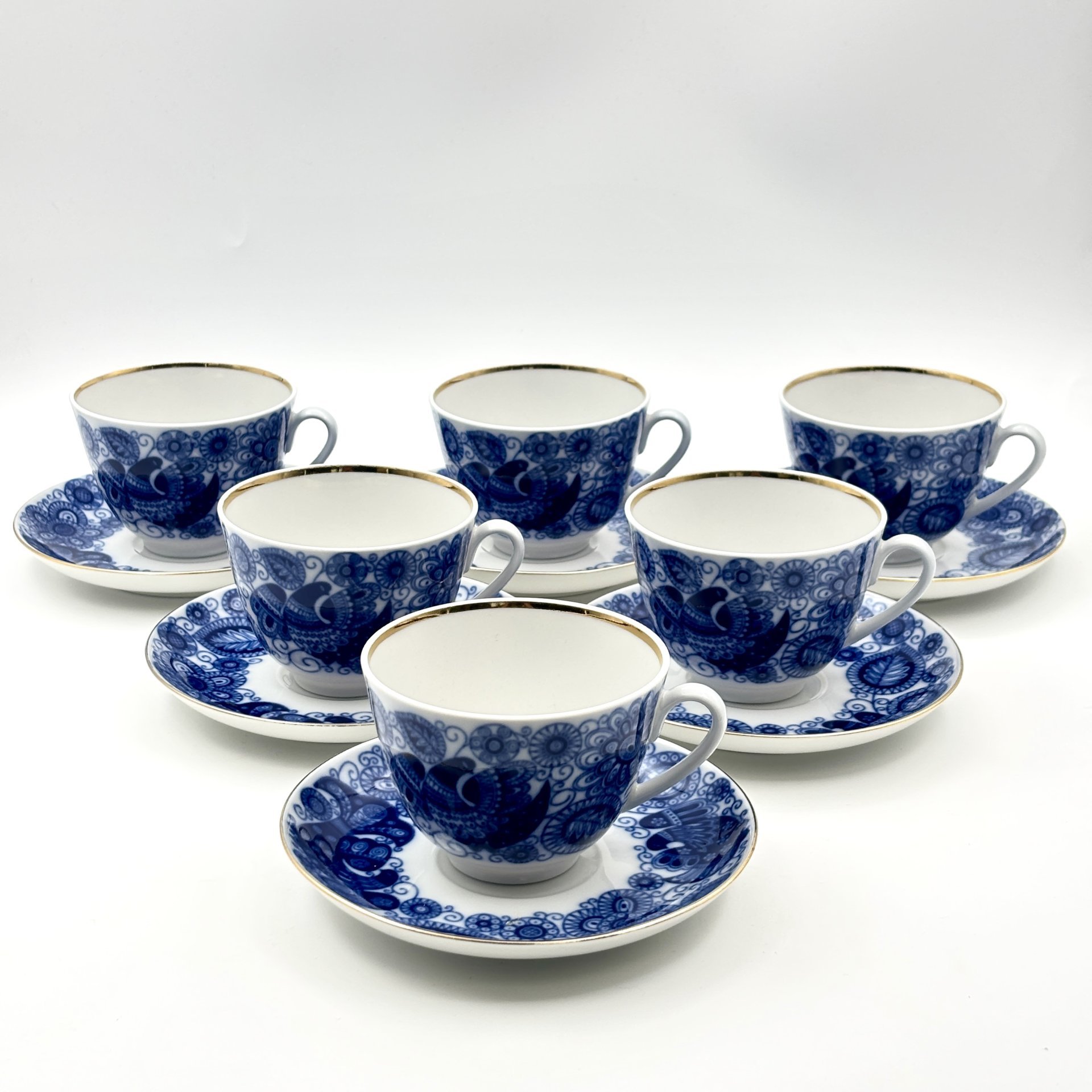 Набор из 6 чайных пар "Жар-птица", фарфор, деколь, золочение, Ленинградский фарфоровый завод (ЛФЗ), СССР, 2012-2020 гг.