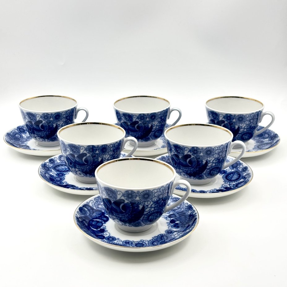 Набор из 6 чайных пар "Жар-птица", фарфор, деколь, золочение, Ленинградский фарфоровый завод (ЛФЗ), СССР, 2012-2020 гг.