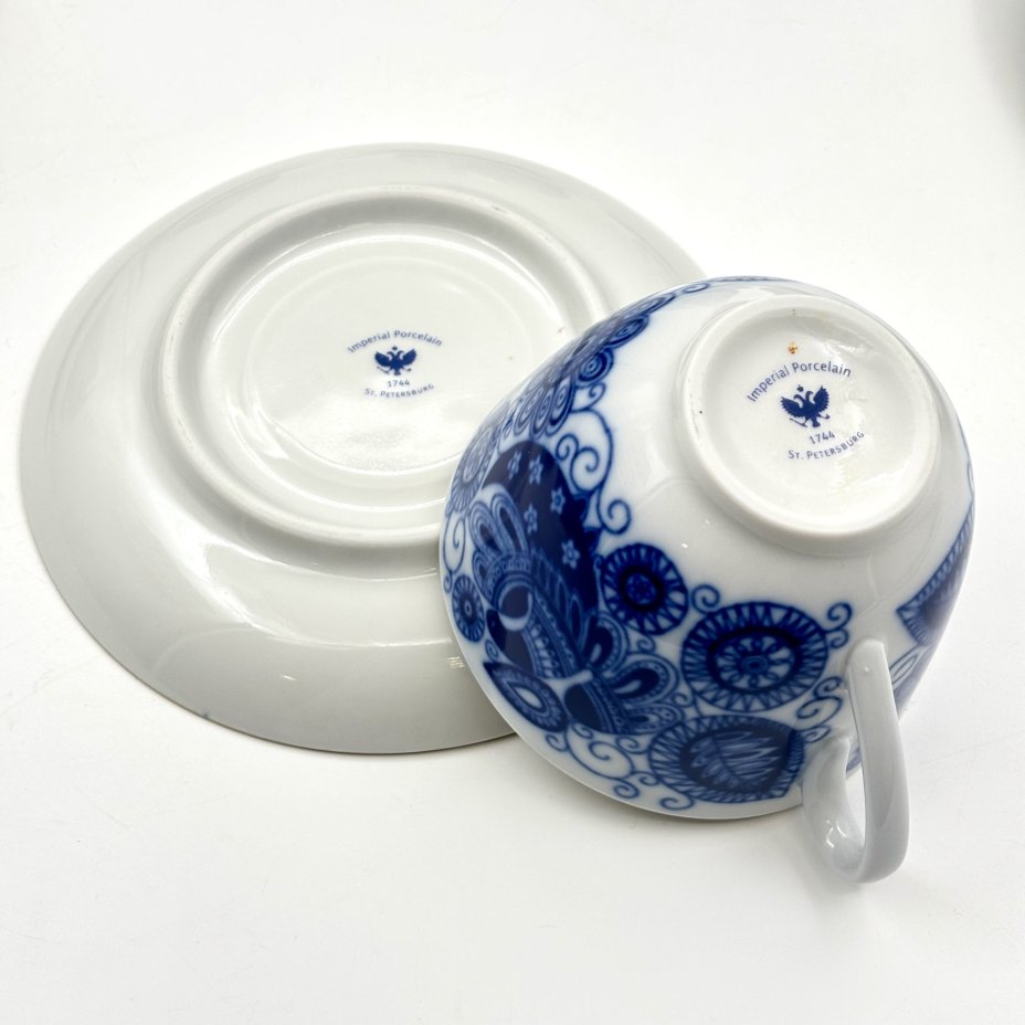 Набор из 6 чайных пар "Жар-птица", фарфор, деколь, золочение, Ленинградский фарфоровый завод (ЛФЗ), СССР, 2012-2020 гг.