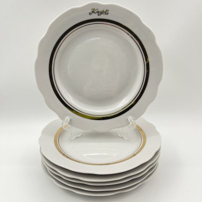 Набор десертных тарелок "Кафе" на 6 персон, фарфор, золочение, Дулевский фарфоровый завод (Дулёво), СССР, 1968-1991 гг.