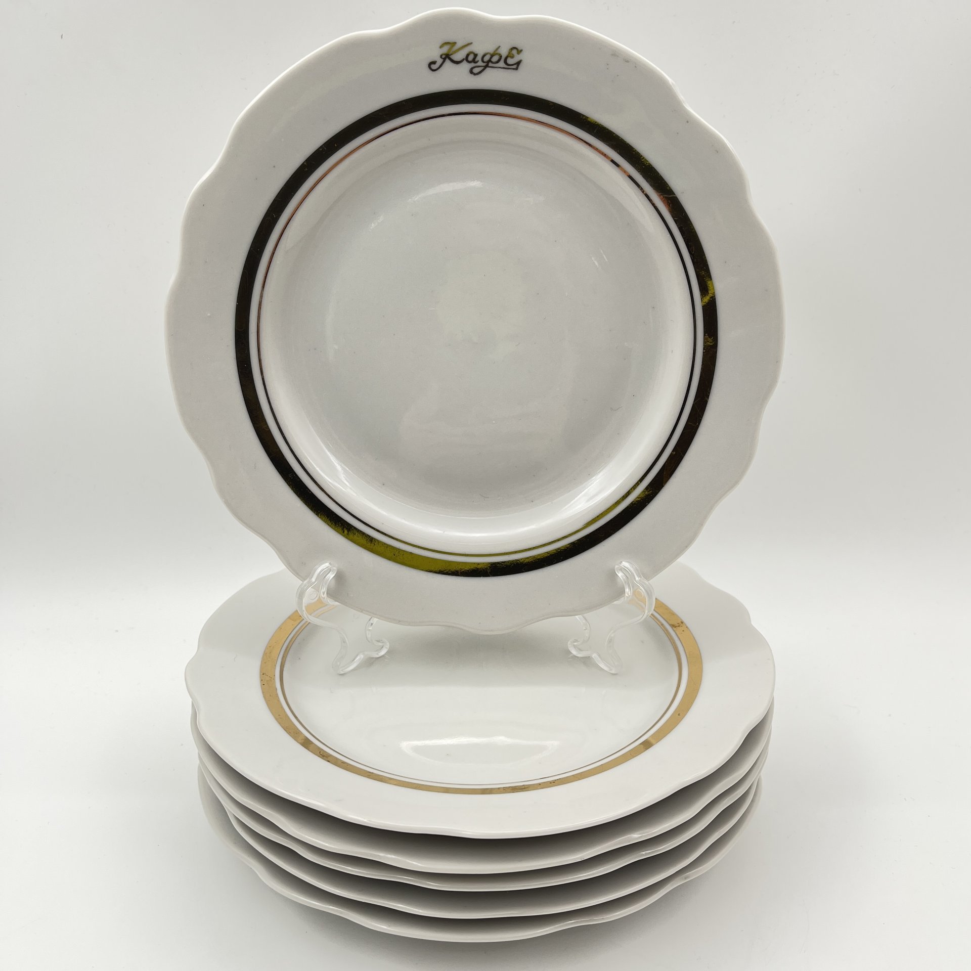 Набор десертных тарелок "Кафе" на 6 персон, фарфор, золочение, Дулевский фарфоровый завод (Дулёво), СССР, 1968-1991 гг.