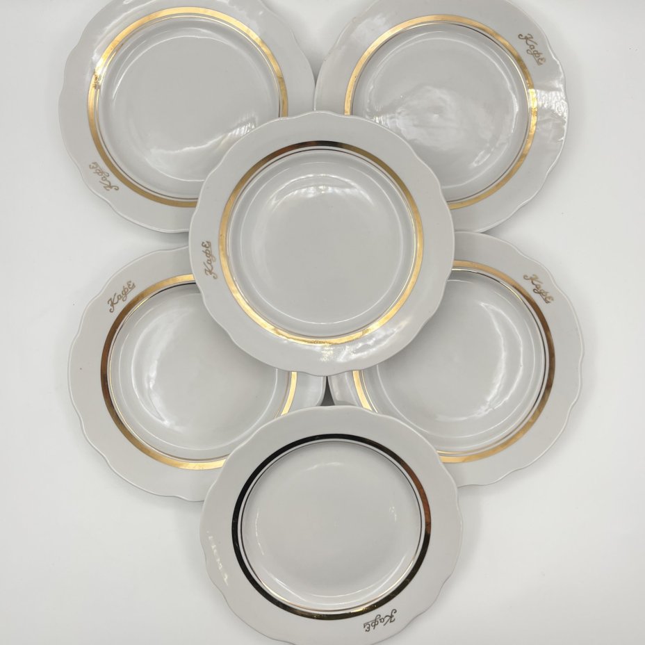 Набор десертных тарелок "Кафе" на 6 персон, фарфор, золочение, Дулевский фарфоровый завод (Дулёво), СССР, 1968-1991 гг.