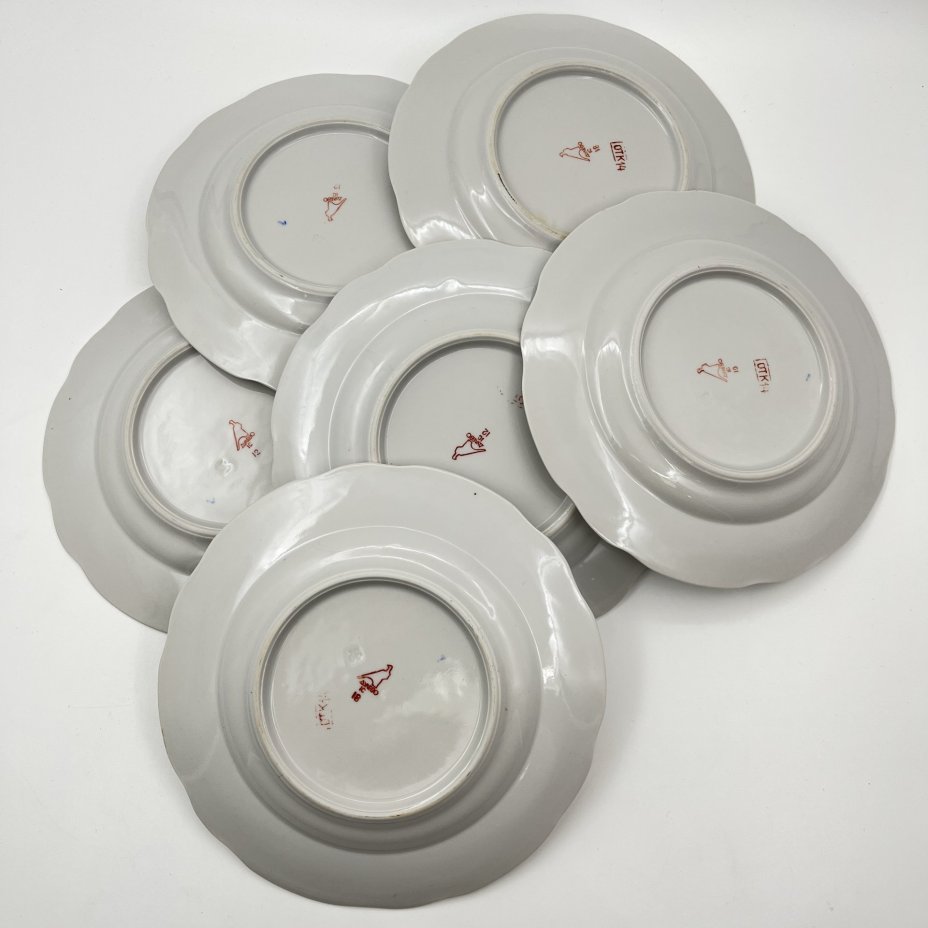 Набор десертных тарелок "Кафе" на 6 персон, фарфор, золочение, Дулевский фарфоровый завод (Дулёво), СССР, 1968-1991 гг.