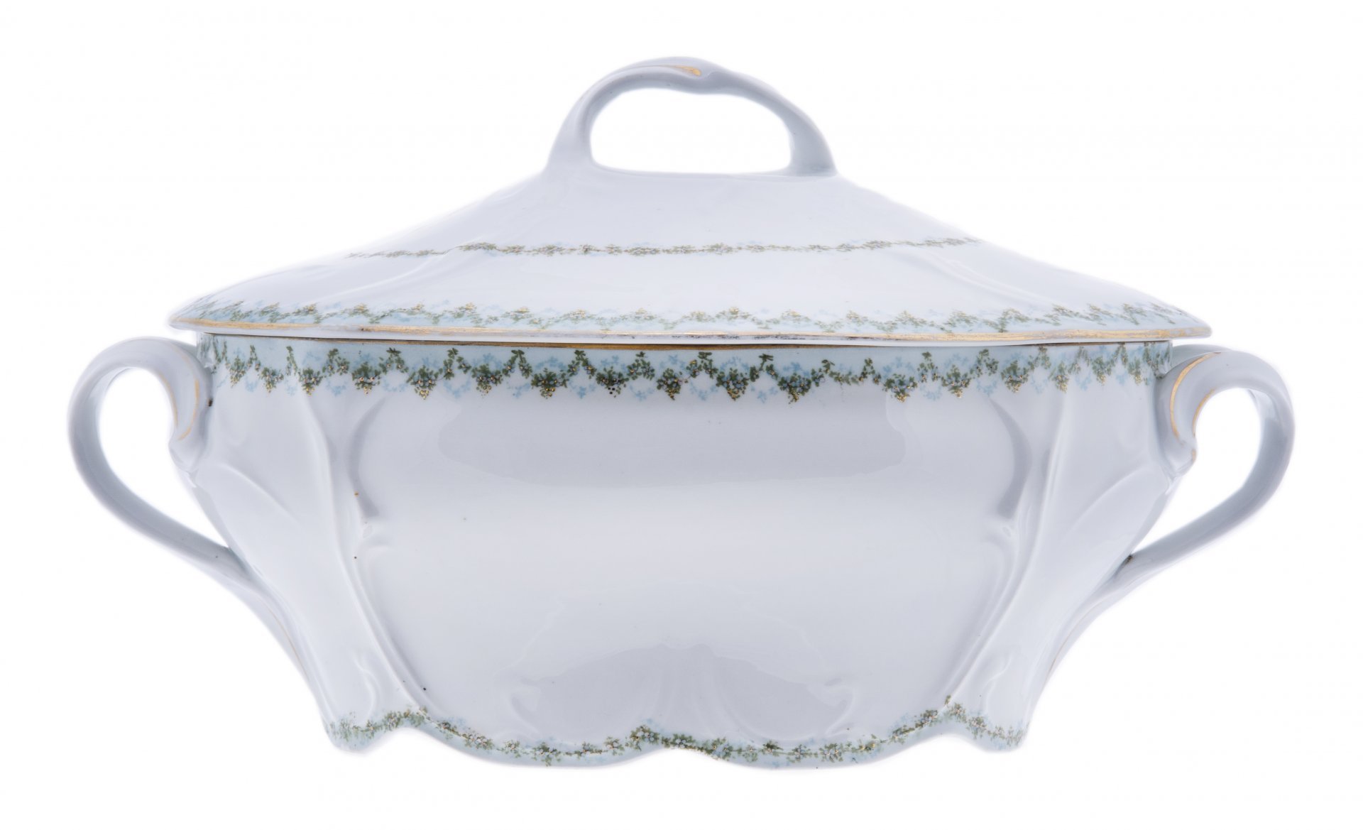 Супница с цветочным декором, фарфор, деколь, золочение, завод М.С. Кузнецова, Российская Империя, 1870-1917 гг., Товарищество М.С. Кузнецова