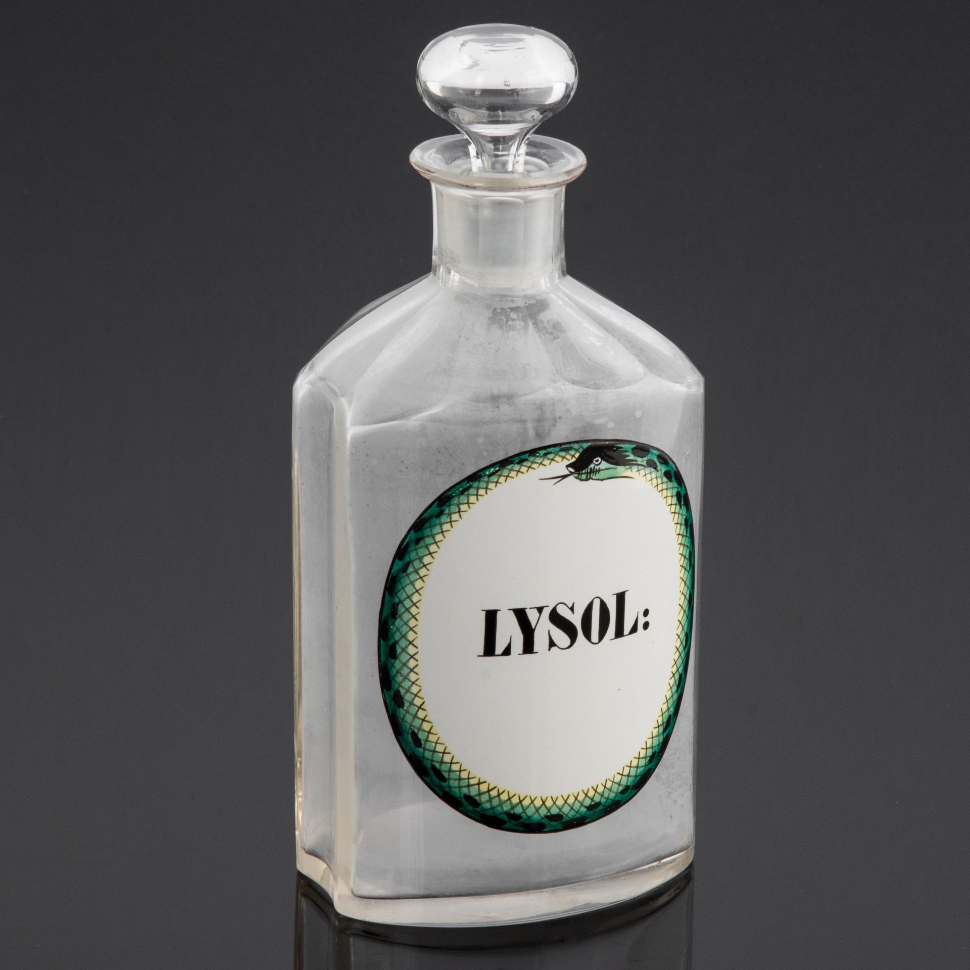 Бутылка (флакон) с этикеткой "Lysol" (дезинфицирующее средство лизол), стекло, бумага