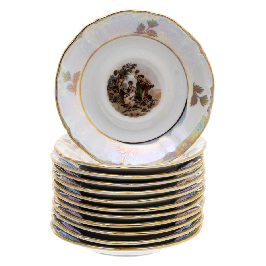 Сервиз чайно-кофейный "Мадонна" на 6 персон (57 предметов), фарфор, деколь, люстр, золочение, фабрика "Kahla", ГДР, 1968-1987 гг., Kahla