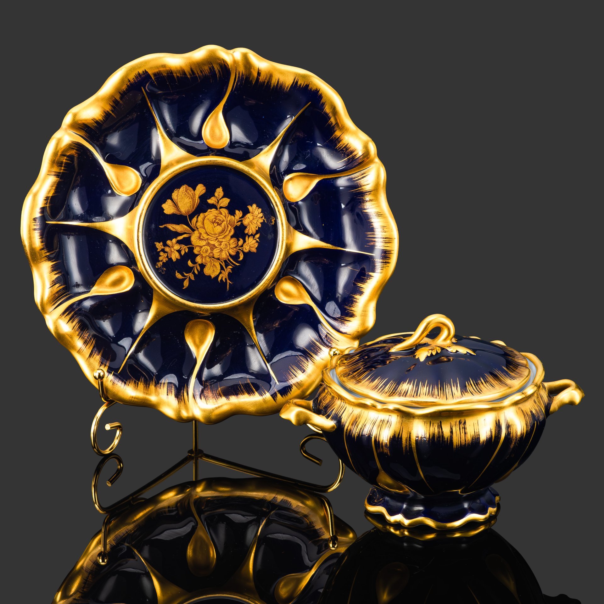 Терина на подносе (подача для пасхального стола), Andre Prevot Limoges France, фарфор, кобальт, золочение, Франция, 1952-1980 гг.