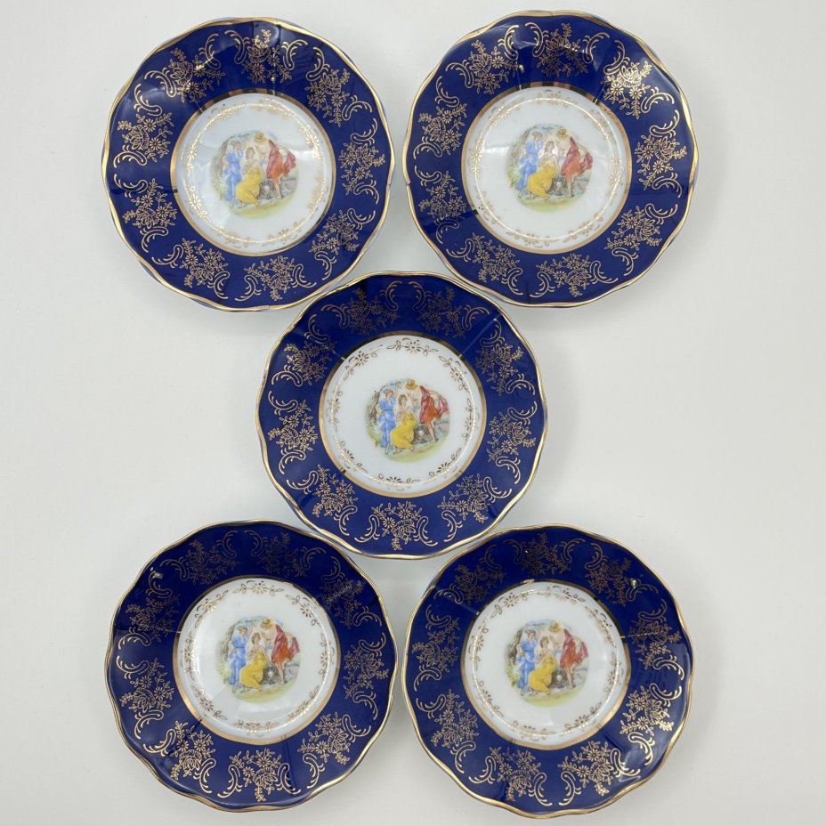 Набор блюдец из сервиза "Мадонна" на 5 персон с кантом кобальтового цвета, фарфор, крытье, деколь, золочение, Moritz Zdekauer (MZ), Чехия, 1991-2010 гг.