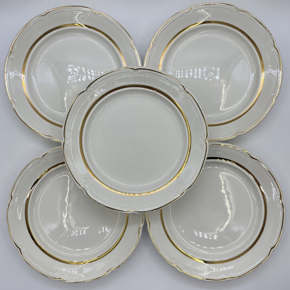 Набор обеденных тарелок на 5 персон, фаянс, золочение, Конаковский фаянсовый завод им. М.И. Калинина (ЗиК Конаково), СССР, 1974-1991 гг.