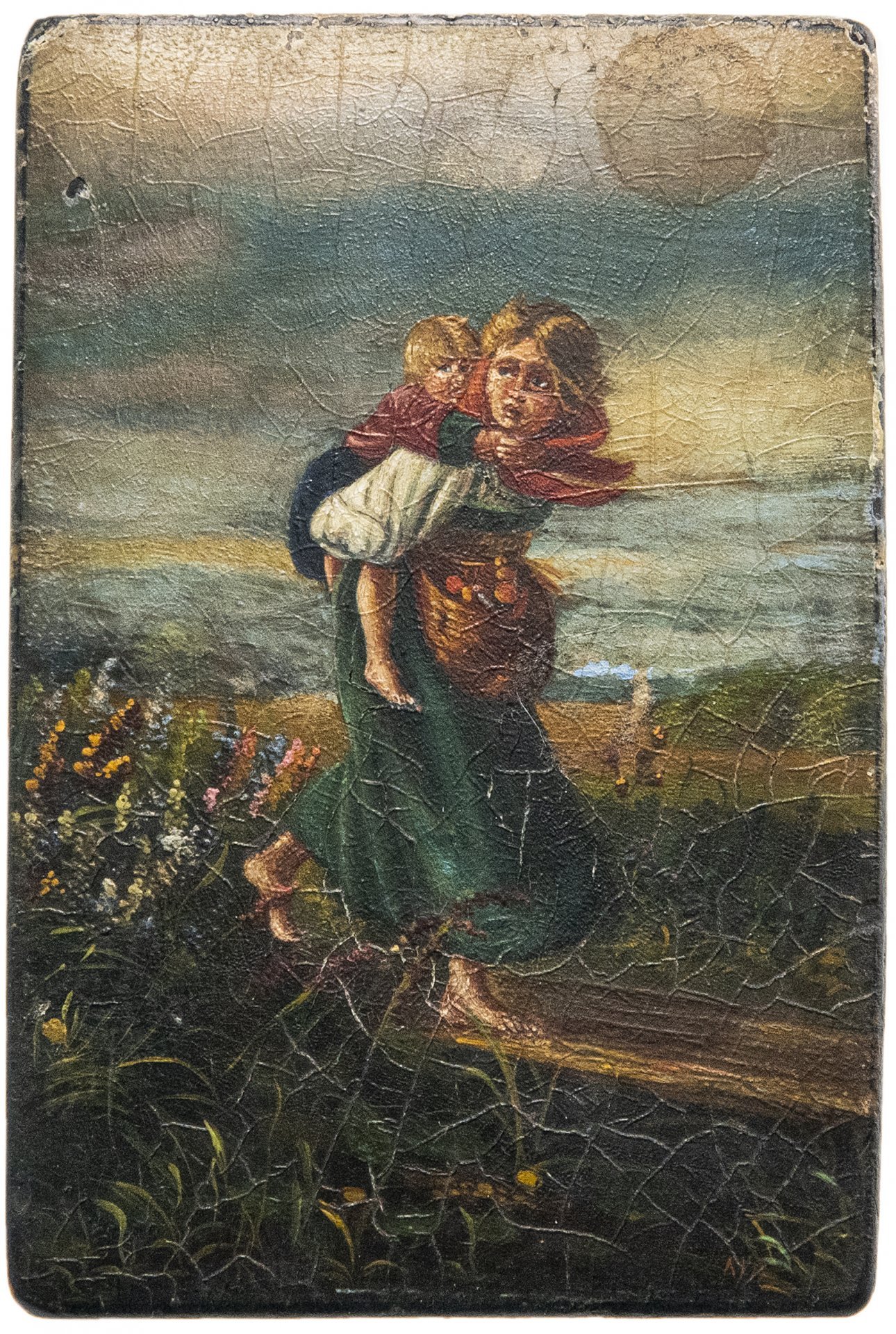 Шкатулка лаковая "Дети, бегущие от грозы", папье-маше, роспись, СССР, 1960-1980 гг.