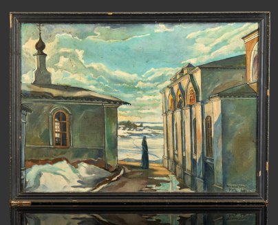 Картина "Великий Устюг", оформленная в раму, автор Виктор Васильевич Андреев (1963-2014 гг.), творческое объединение "Русь", холст, масло, дерево, Россия, 1984-1990 гг.