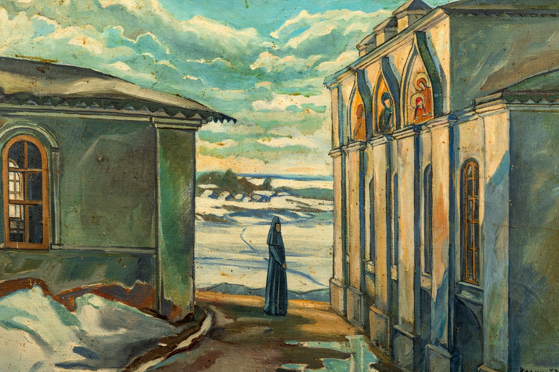 Картина "Великий Устюг", оформленная в раму, автор Виктор Васильевич Андреев (1963-2014 гг.), творческое объединение "Русь", холст, масло, дерево, Россия, 1984-1990 гг.